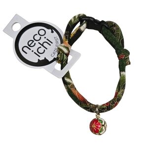 Necoichi Chirimen Plum Blossom Cat Collar Green Multi Size 8-13 Inch Neck
